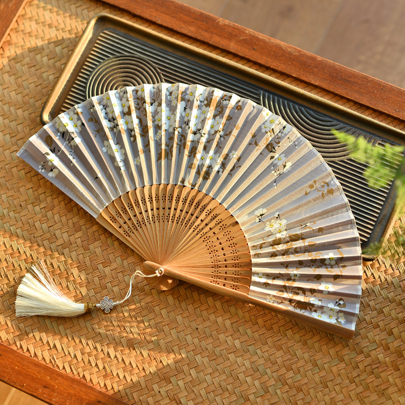 21cm Chinese Folding Fan with Cherry Blossoms | Bamboo & Polyester