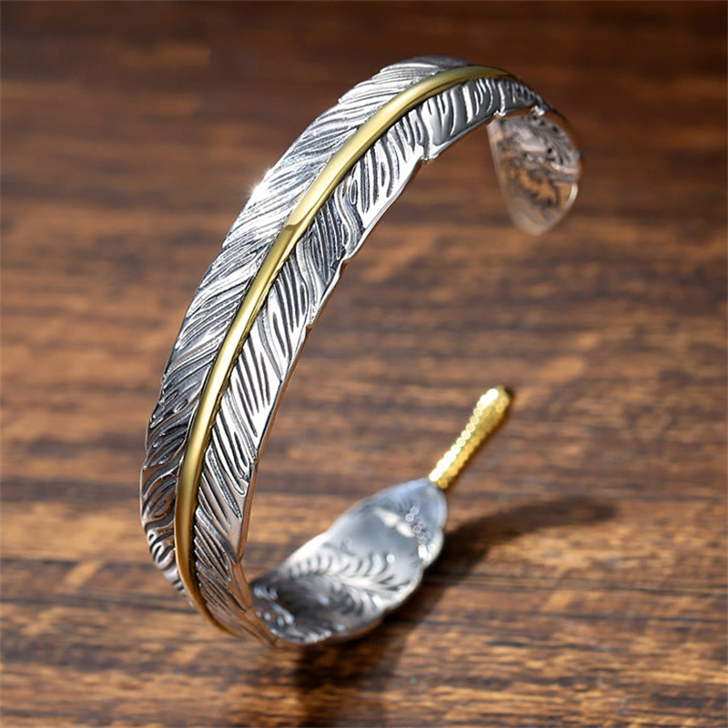 Copper Feather Pattern Carved Luck Wealth Cuff Bracelet