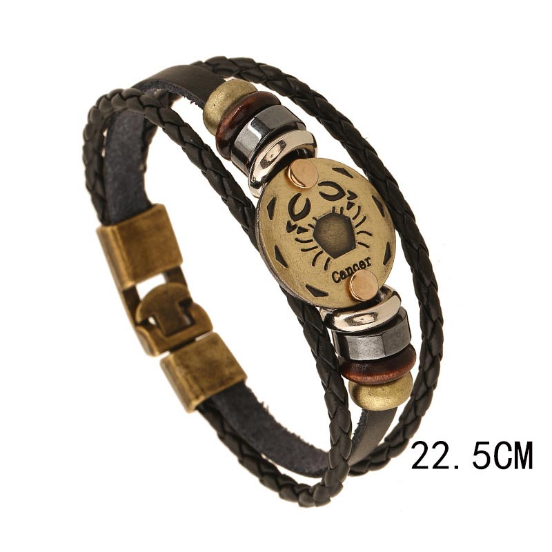 12 Constellations Zodiac Hematite Leather Charm Bracelet
