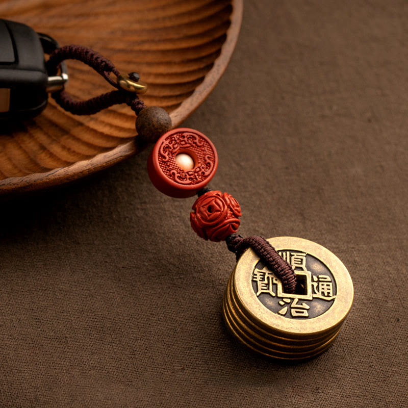 Feng Shui Five Emperor Coins Keychain for Wealth & Protection