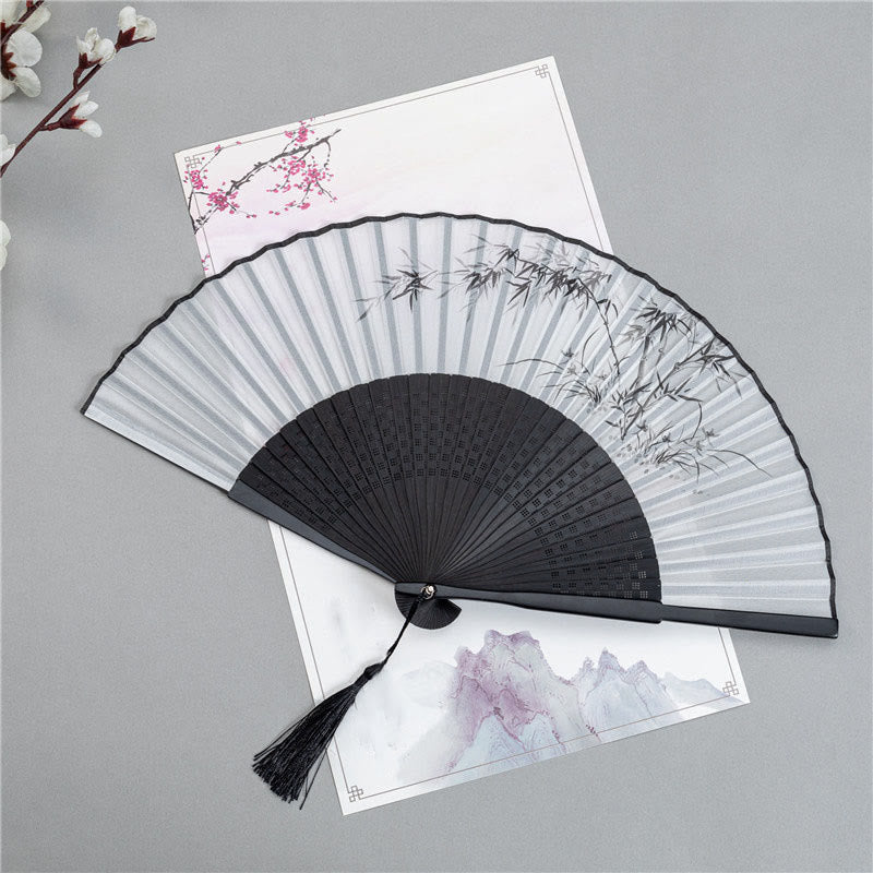 Plum Blossom Silk Bamboo Folding Fan 22.5cm Elegant Handheld