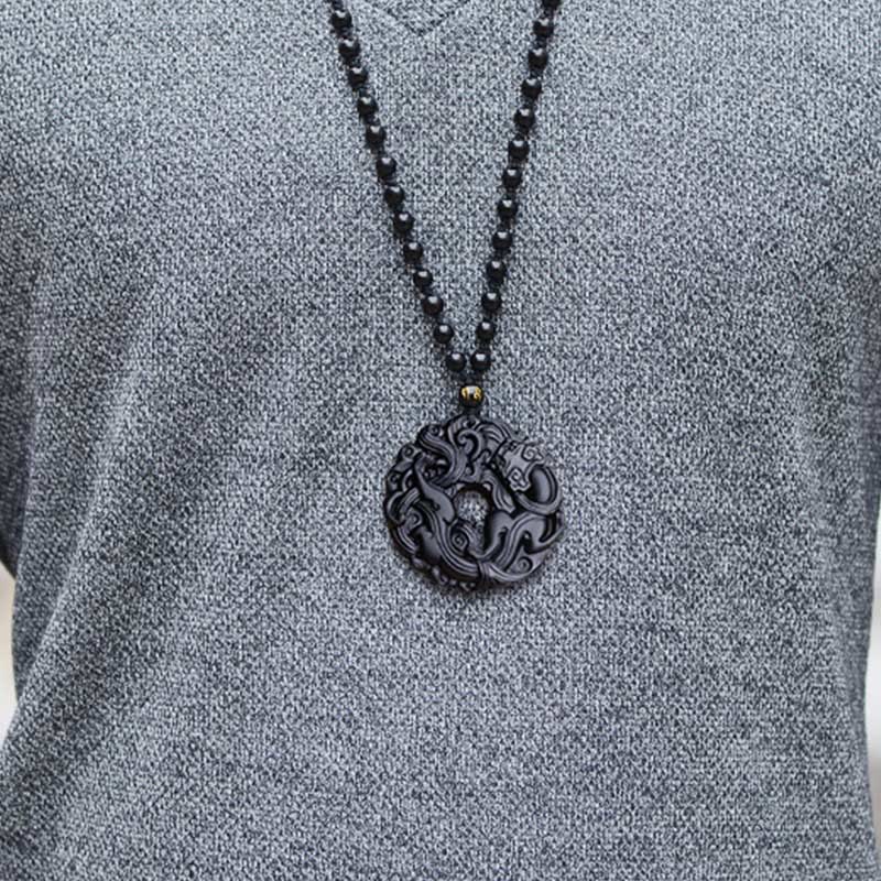 Black Obsidian Peace Buckle Pixiu Protection Necklace