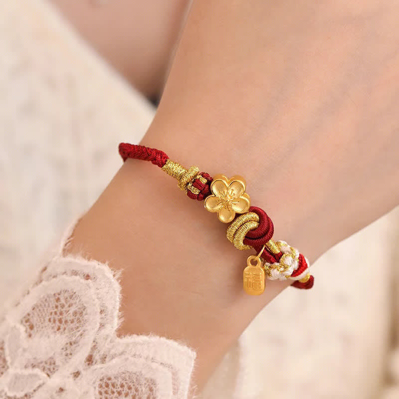 Red String Bracelet with Peach Blossom Charm for Luck & Protection
