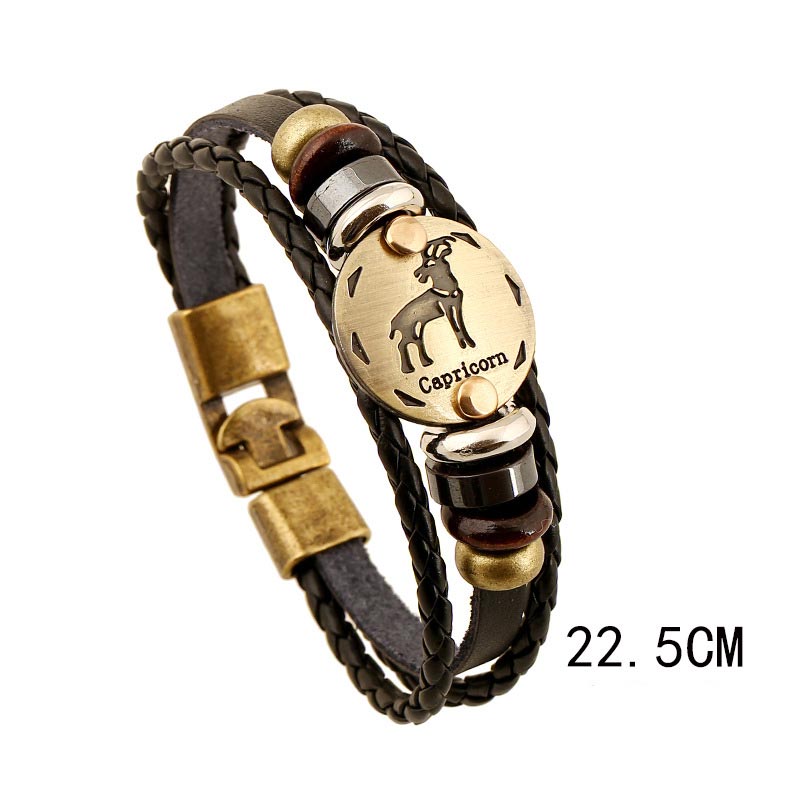 12 Constellations Zodiac Hematite Leather Charm Bracelet