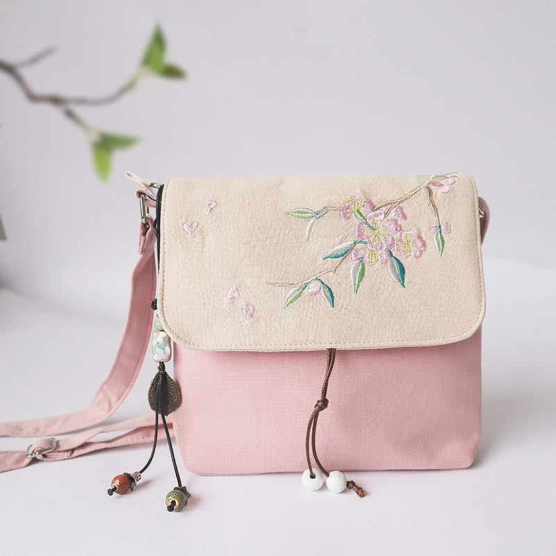 Handmade Canvas Crossbody Bag with Plum Flowers 20x23cm