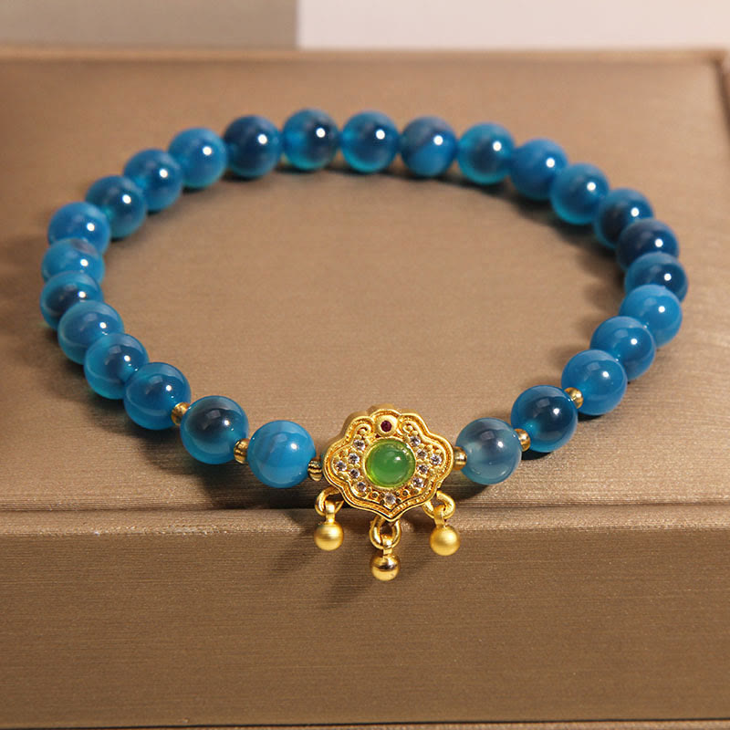 Blue Candy Agate Bracelet with Chinese Lock Charm for Protection