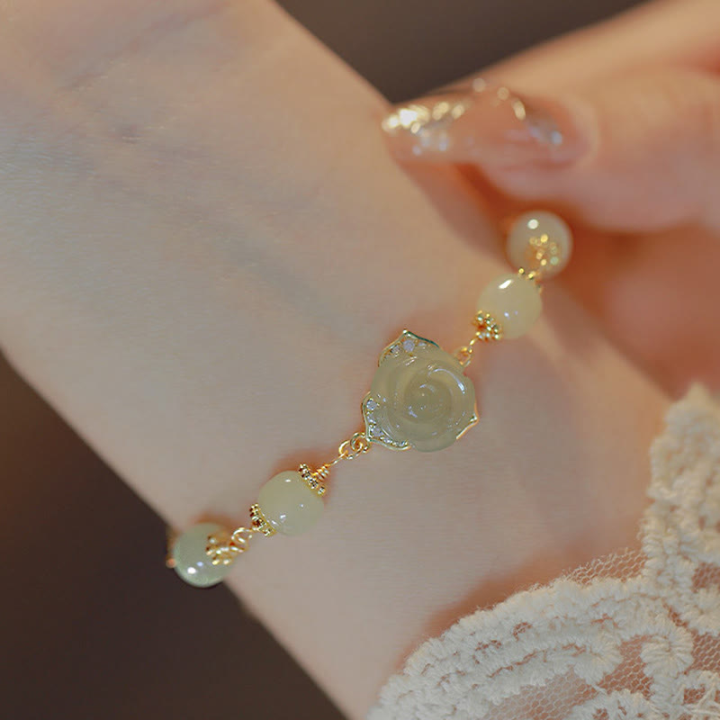 14K Gold Plated Hetian Jade Rose Flower Luck Bracelet