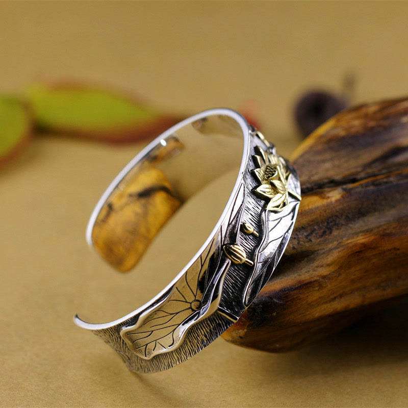 Lotus Flower Calm Bracelet in 925 Sterling Silver Adjustable