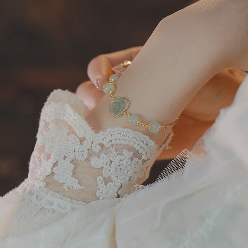 14K Gold Plated Hetian Jade Rose Flower Luck Bracelet