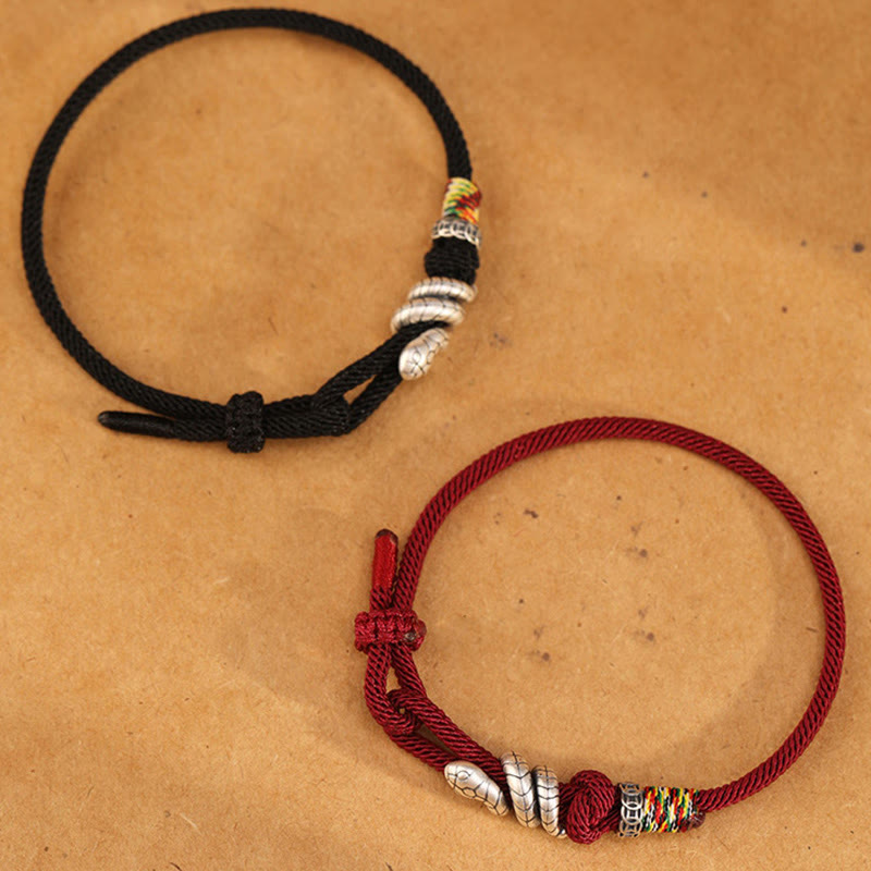 Dark Red 14-17cm Sterling Silver Snake Coin Red String Bracelet