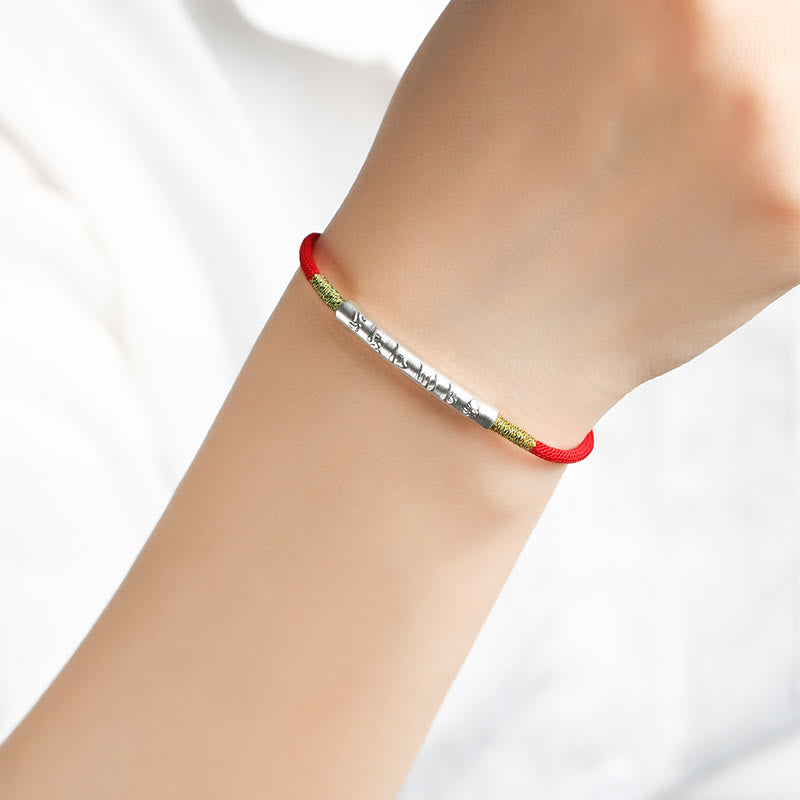 Om Mani Padme Hum Silver Lucky Red String Bracelet