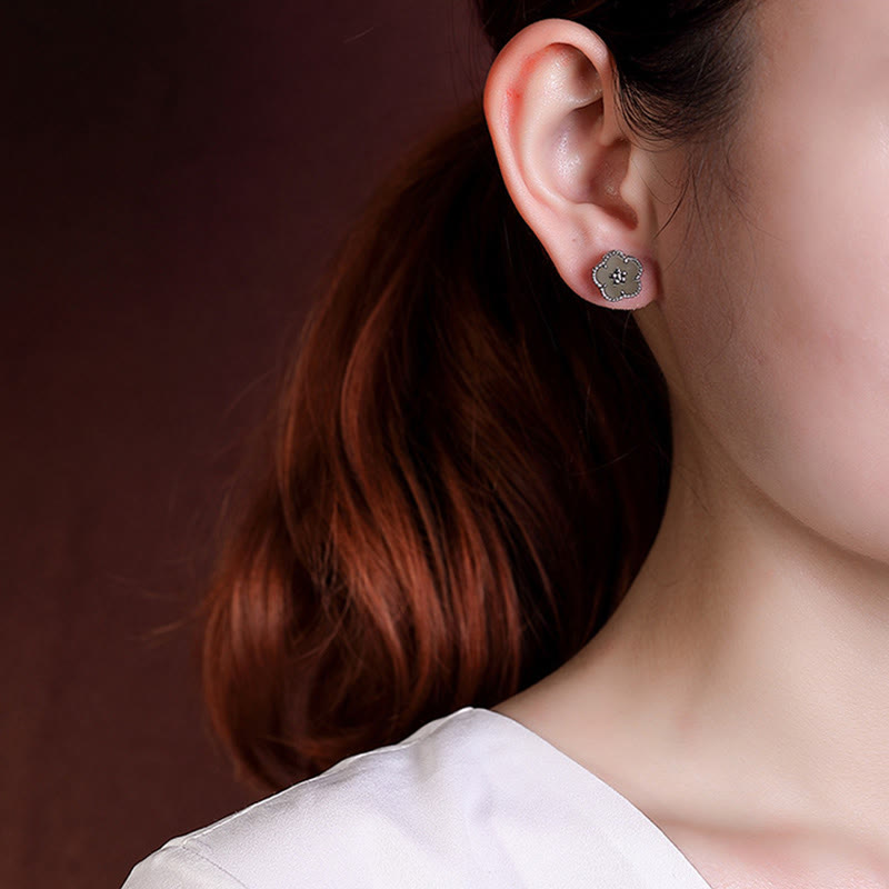 Sterling Silver Hetian Jade Plum Flower Luck Stud Earrings