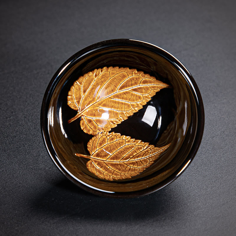 Gold Maple Leaf Jian Zhan Tenmoku Ceramic Teacup 120ml