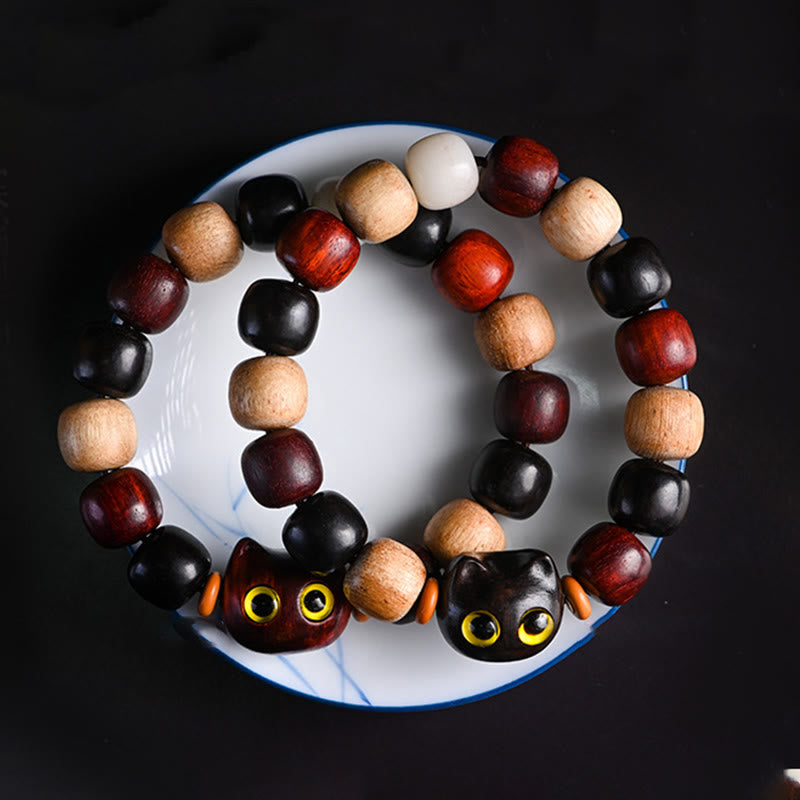 Ebony Wood Protection Bracelet with Small Leaf Red Sandalwood Cat Charm