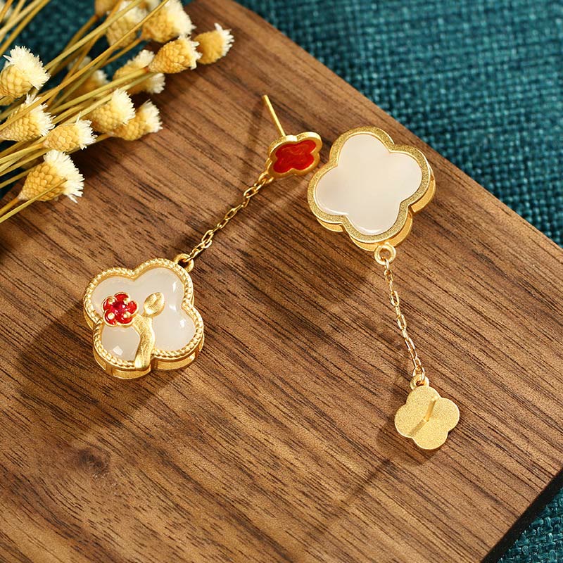 24K Gold Plated White Jade Luck Pendant Necklace & Earrings