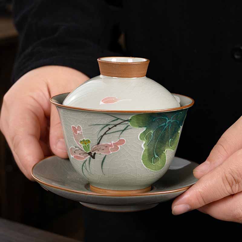 Zen Ceramic Lotus Koi Fish Gaiwan Teacup 140ml