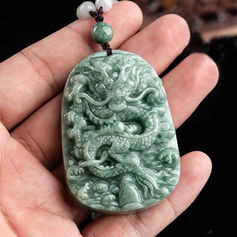 Handmade Jade Dragon Prosperity Necklace 6mm Beads
