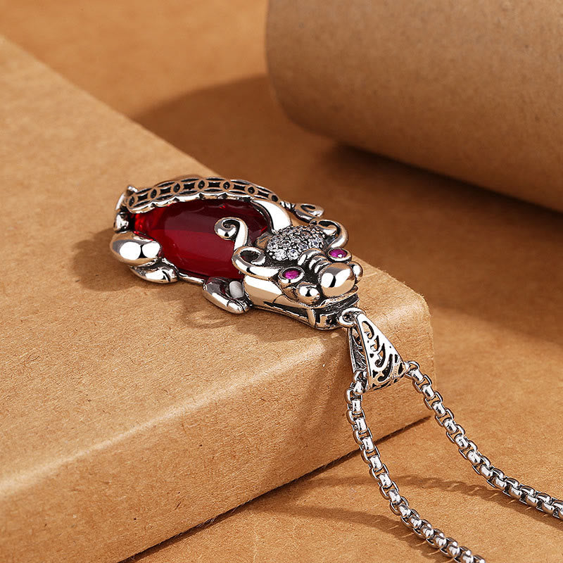 Pixiu Garnet Copper Coin Necklace for Wealth & Luck