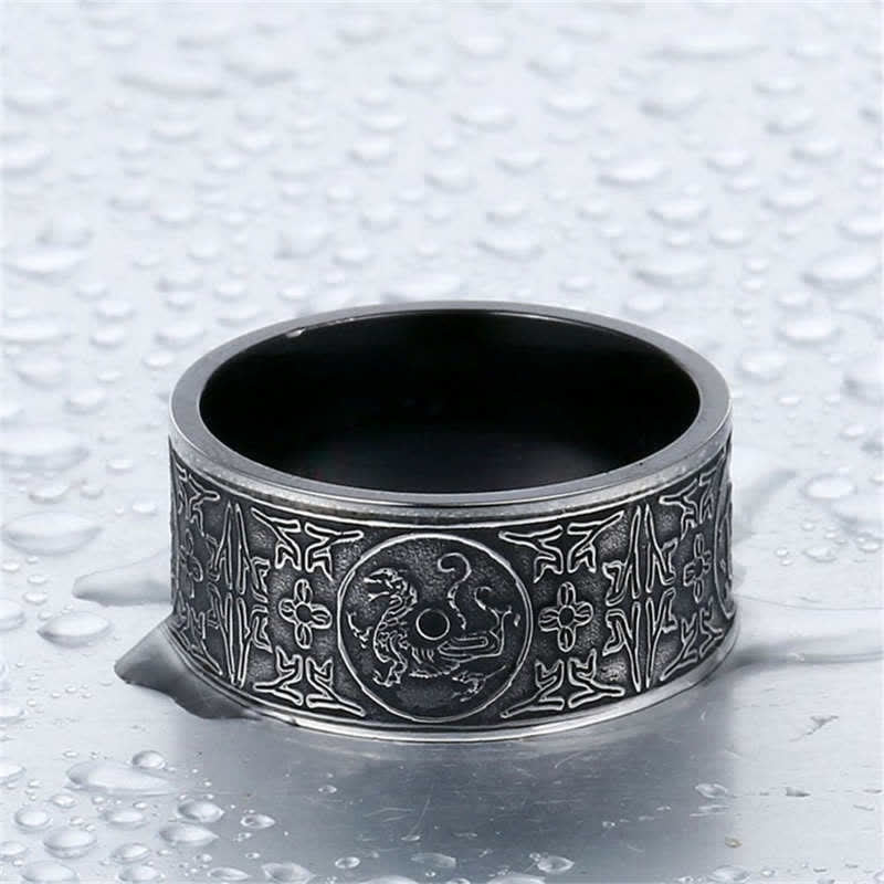 Carved Four Guardian Beasts Dragon Ring in Titanium Steel