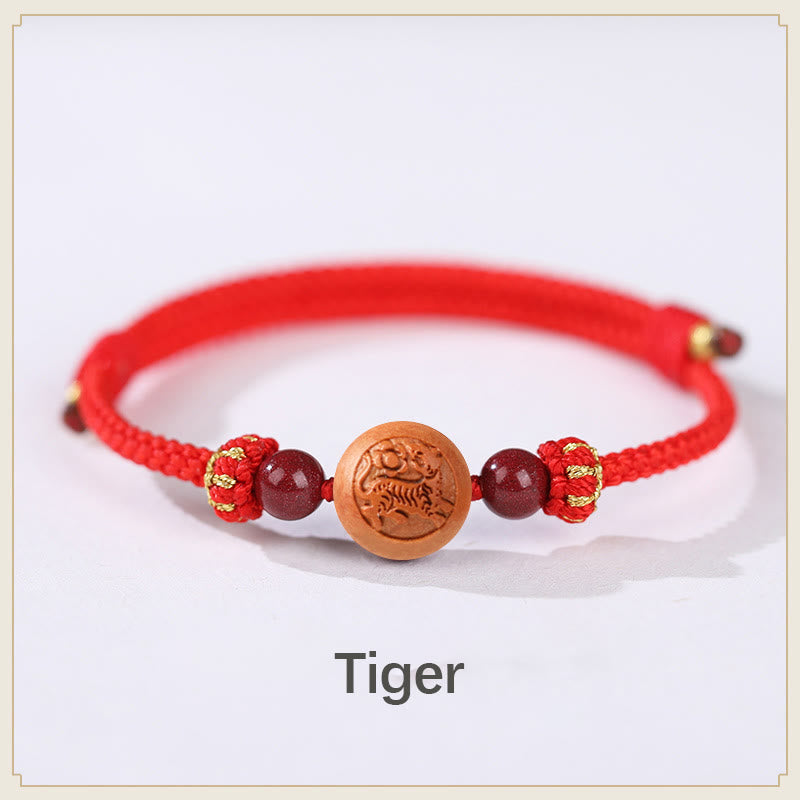 Natural Peach Wood Chinese Zodiac Fu Cinnabar Wealth Bracelet