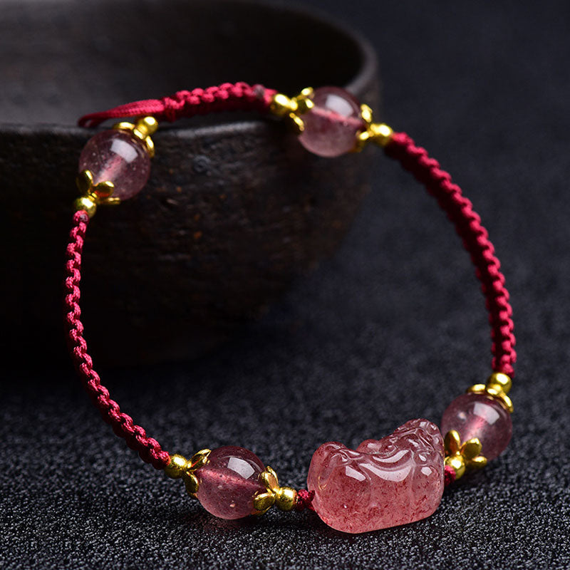 Adjustable Strawberry Quartz Red String Bracelet with Pixiu Charm