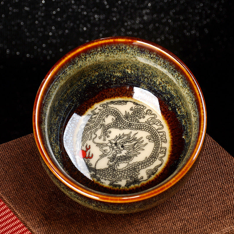 8cm Ceramic Jian Zhan Dragon Lotus Teacup | Zen Decor