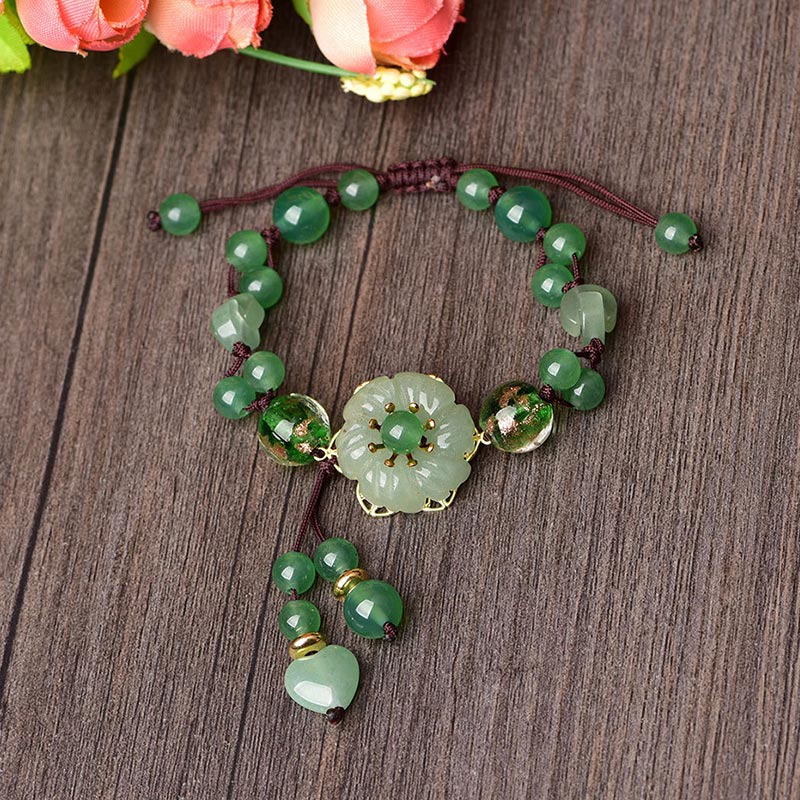 Unisex Green Jade Luck Flower Charm Bracelet 6-10mm Beads