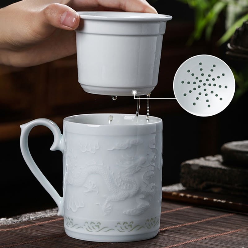 420ml Jingdezhen Porcelain Zen Tea Cup with Dragon Phoenix Design