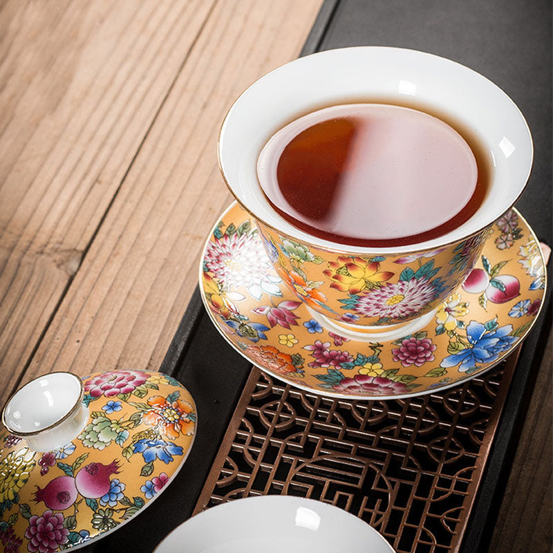 Peony Ceramic Gaiwan Sancai Teacup 9.5cm Meditation