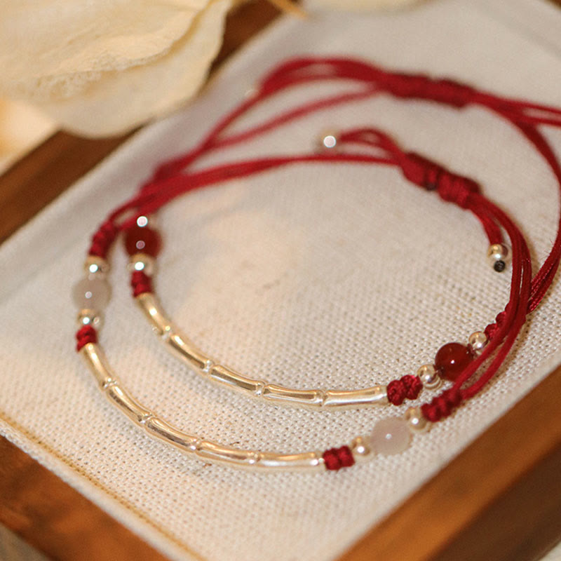 Unisex Sterling Silver Bamboo Red String Agate Protection Bracelet