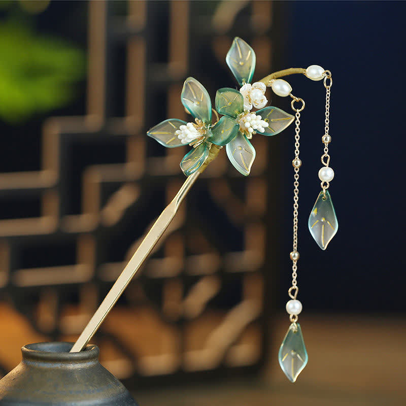 Pearl Flower Leaf Tassel Hairpin for Calm & Wealth