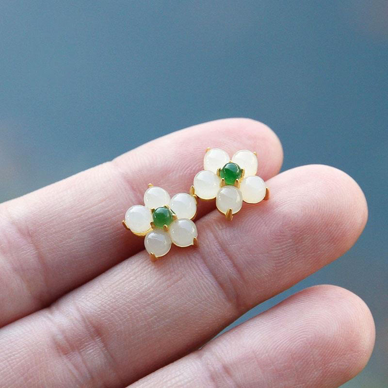 White Jade Luck Blessing Stud Earrings for Protection