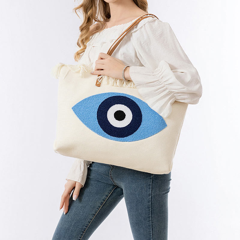 Large Capacity Canvas Evil Eye Tote Bag for Protection