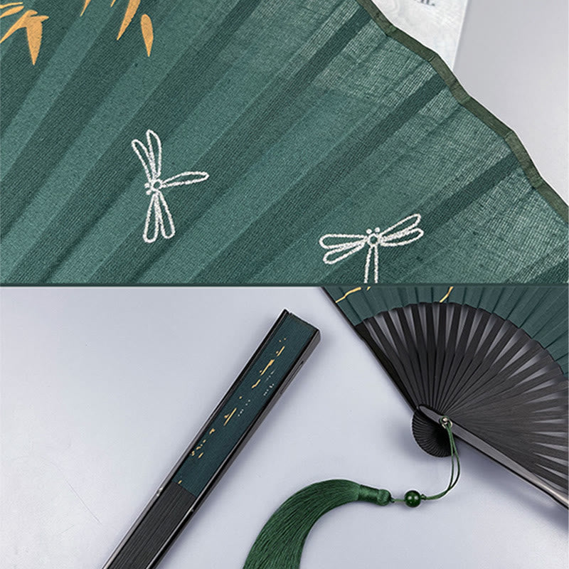Chinese Folding Fan with Bamboo and Koi Fish Patterns