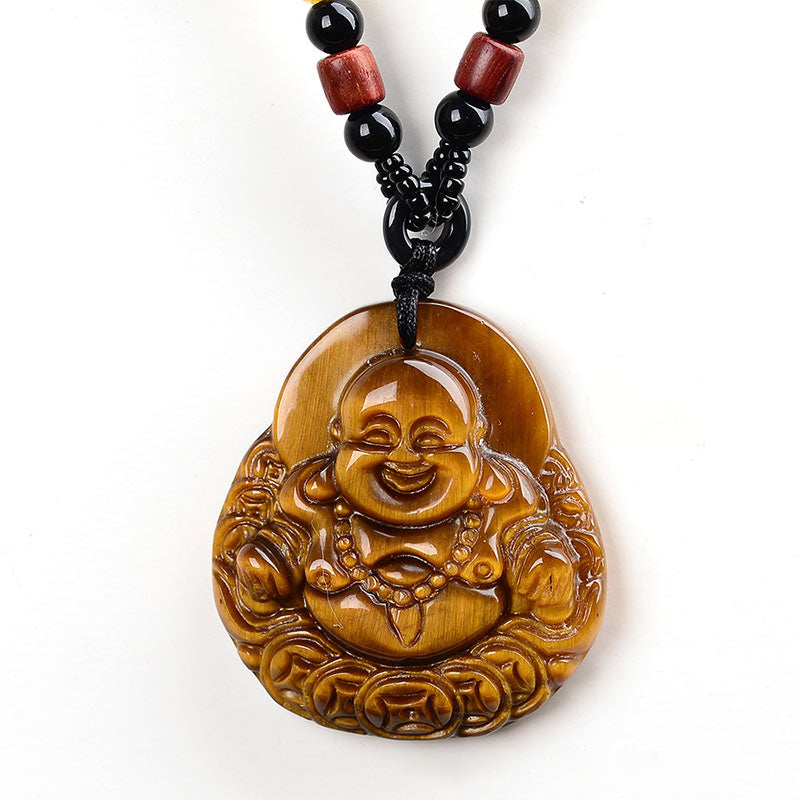 Tiger Eye Laughing Buddha Necklace for Protection & Clarity