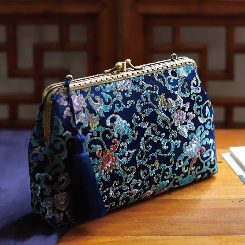 Vintage Geometry Flowers Crossbody Bag with Metal Chain