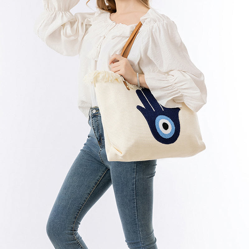 Large Capacity Canvas Evil Eye Tote Bag for Protection