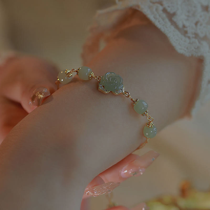14K Gold Plated Hetian Jade Rose Flower Luck Bracelet