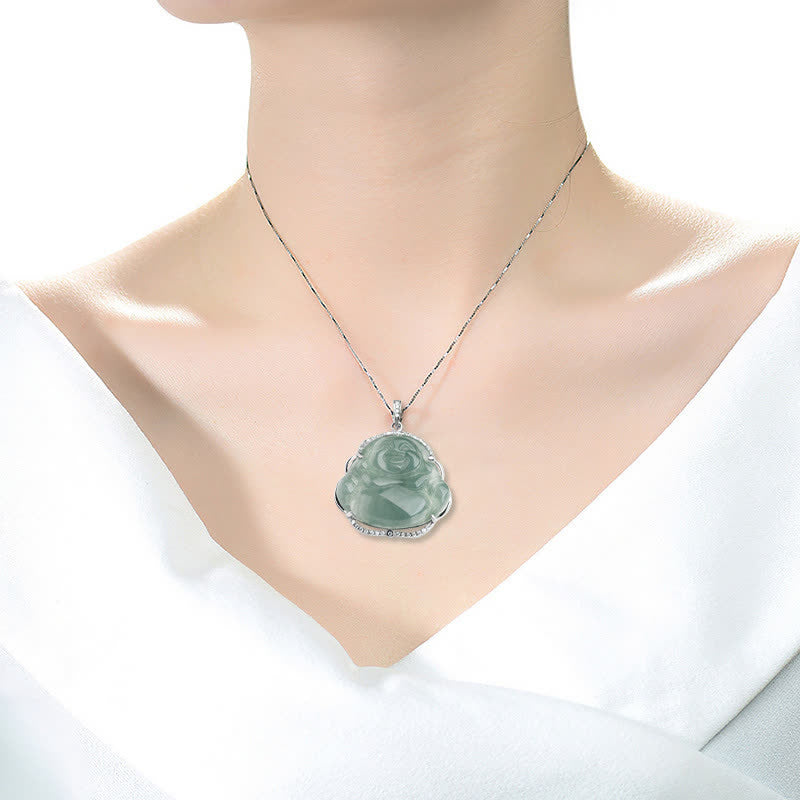 Jade Laughing Buddha Necklace in 925 Sterling Silver for Luck