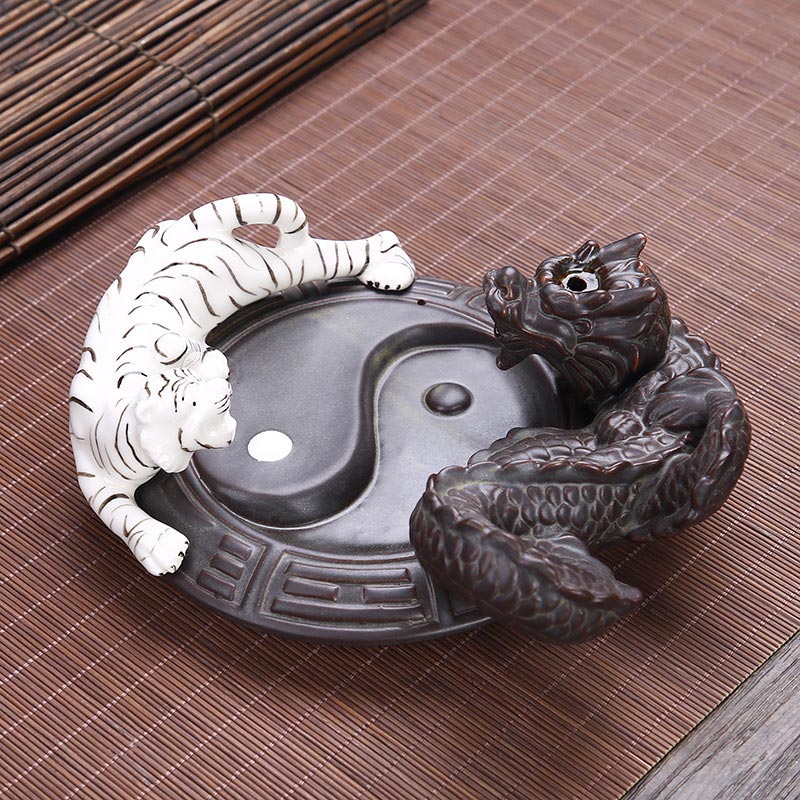 Ceramic Tiger Dragon Backflow Incense Burner for Meditation