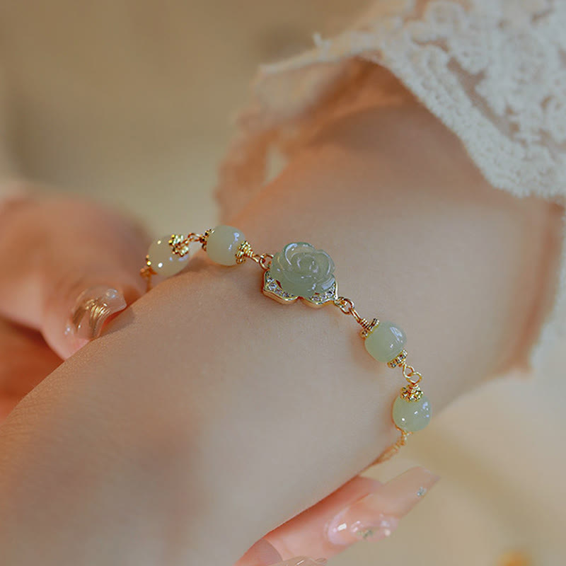 14K Gold Plated Hetian Jade Rose Flower Luck Bracelet