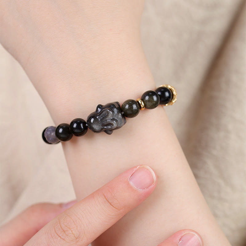 8mm Gold Sheen Obsidian Protection Bracelet with Rabbit Charm