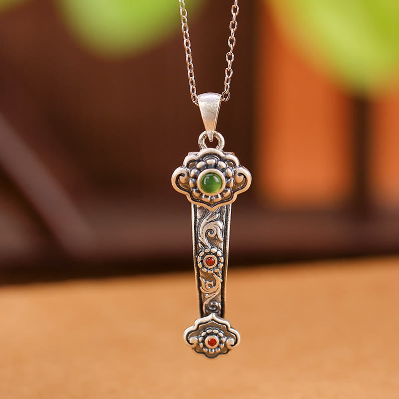 925 Sterling Silver Jade Necklace with Ruyi Handle for Blessings
