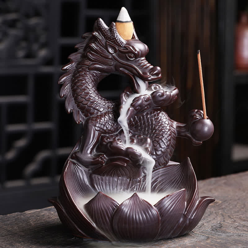Ceramic Dragon Lotus Incense Burner for Strength & Protection