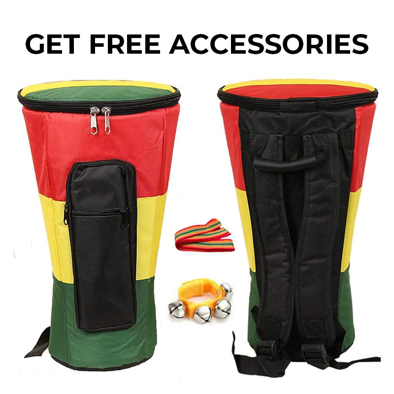 Rasta-colored cylindrical drum bag with straps for Djembe Hand Drum 8 inch