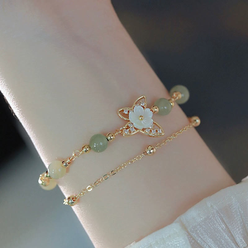 Double Layer 14K Gold Plated Jade Butterfly Luck Bracelet