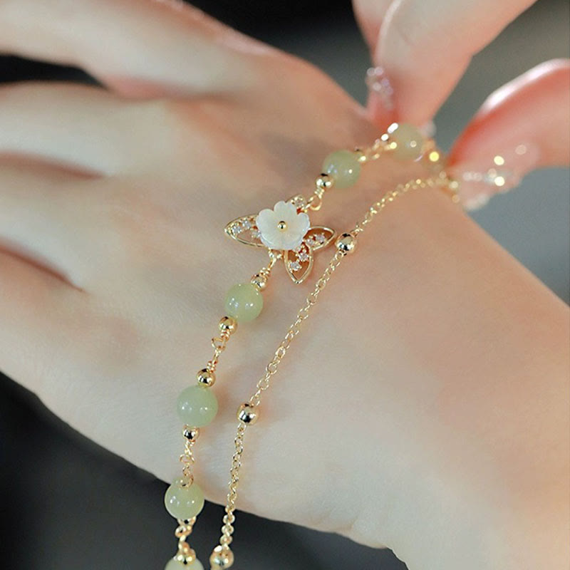 Double Layer 14K Gold Plated Jade Butterfly Luck Bracelet