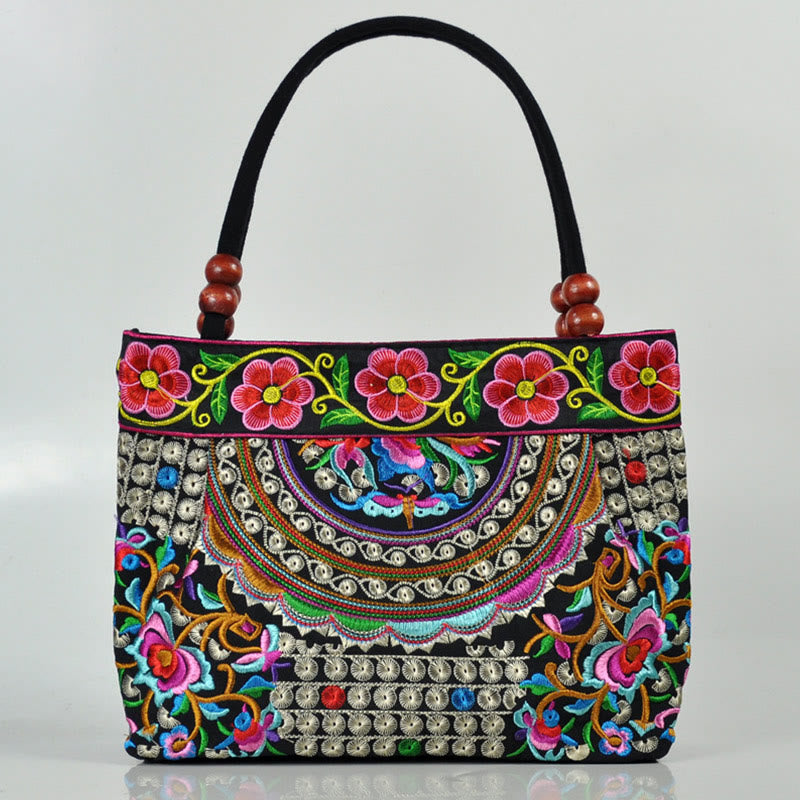 Double-Sided Embroidered Cotton Canvas Handbag with Prosperity Symbols