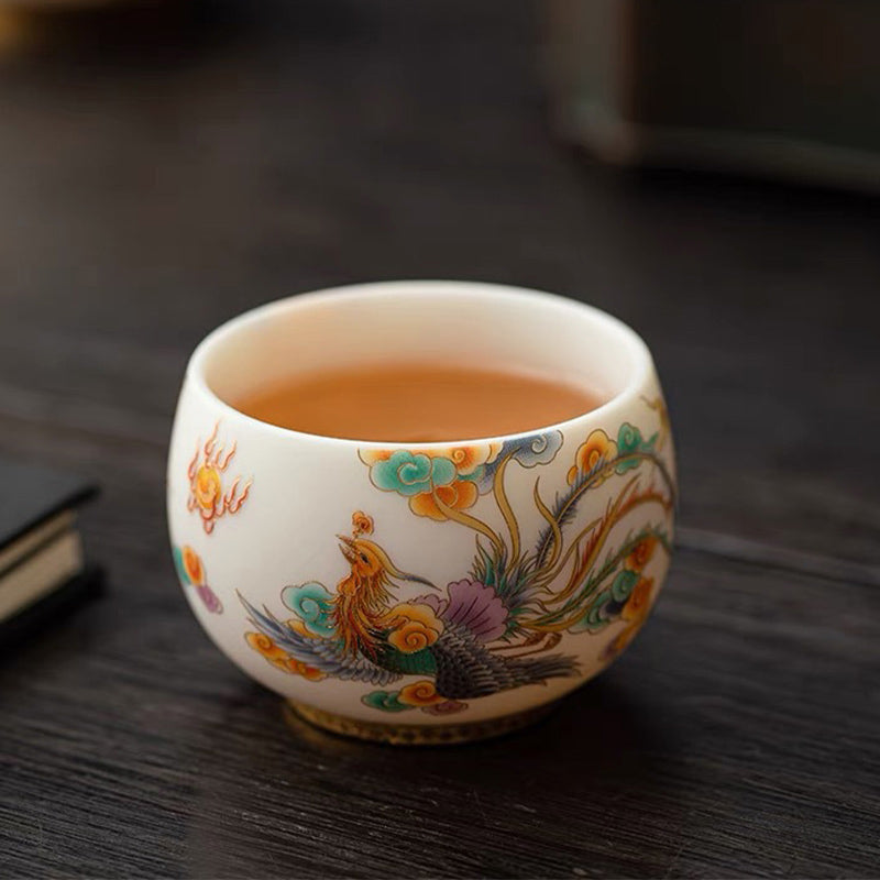Dragon Phoenix Ceramic Teacup with Auspicious Clouds | Zen Decor
