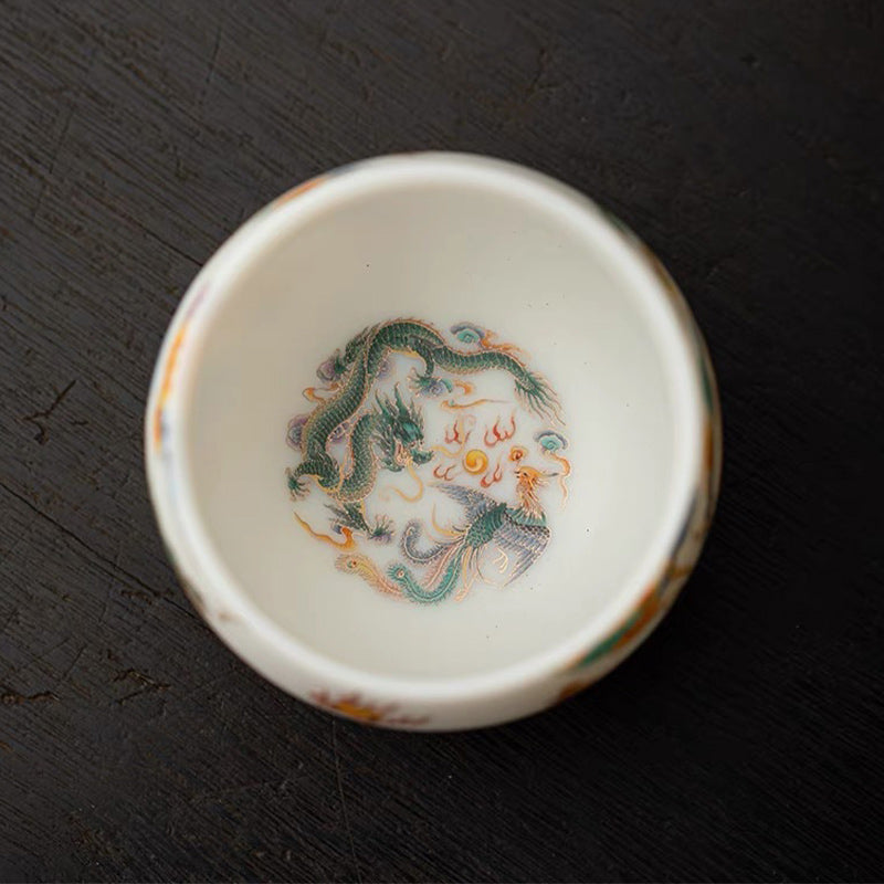 Dragon Phoenix Ceramic Teacup with Auspicious Clouds | Zen Decor